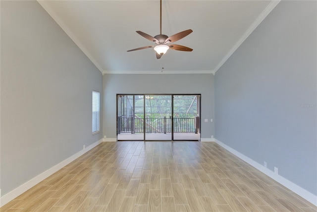 empty room with ceiling fan, light hardwood / wood-style floors, and crown molding