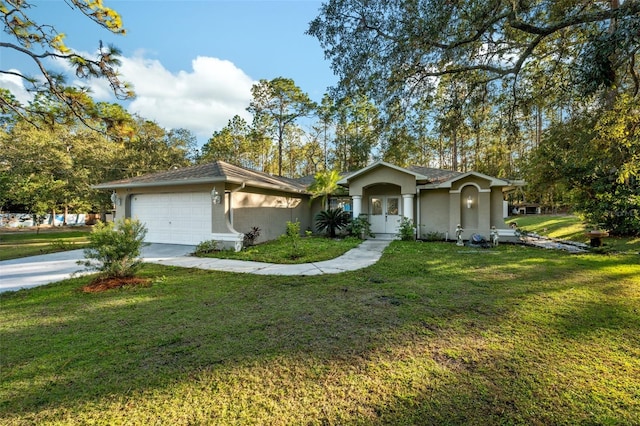 single story home featuring a front yard and a garage