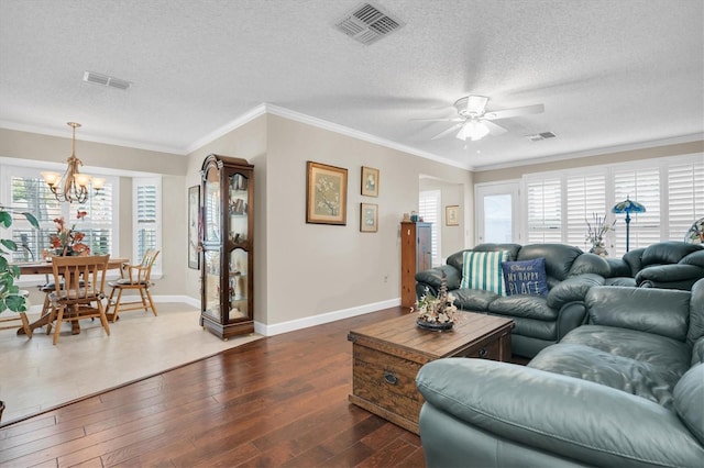 living room featuring plenty of natural light, dark wood-type flooring, and a textured ceiling