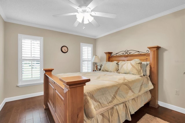 bedroom with a textured ceiling, ceiling fan, crown molding, and dark wood-type flooring