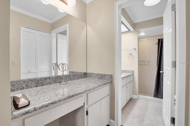 bathroom featuring tile patterned floors, vanity, curtained shower, and ornamental molding