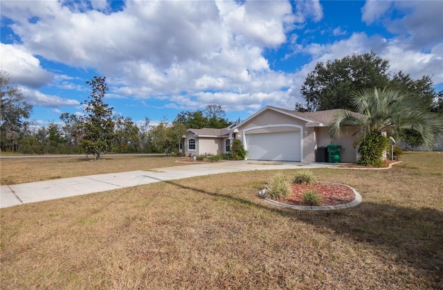 ranch-style home featuring a front lawn and a garage