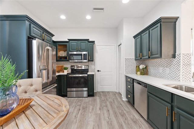 kitchen featuring decorative backsplash, sink, light hardwood / wood-style floors, and appliances with stainless steel finishes