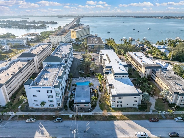 birds eye view of property featuring a water view