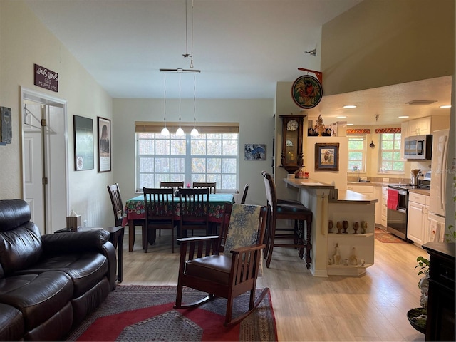 living room with light wood-type flooring and vaulted ceiling