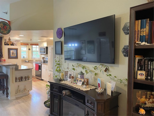 interior space with sink, light hardwood / wood-style flooring, a textured ceiling, and appliances with stainless steel finishes