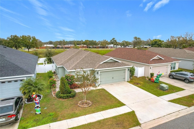 single story home featuring a front yard and a garage