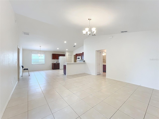 unfurnished living room featuring light tile patterned floors, vaulted ceiling, and an inviting chandelier