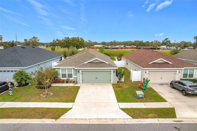 single story home featuring a front lawn and a garage