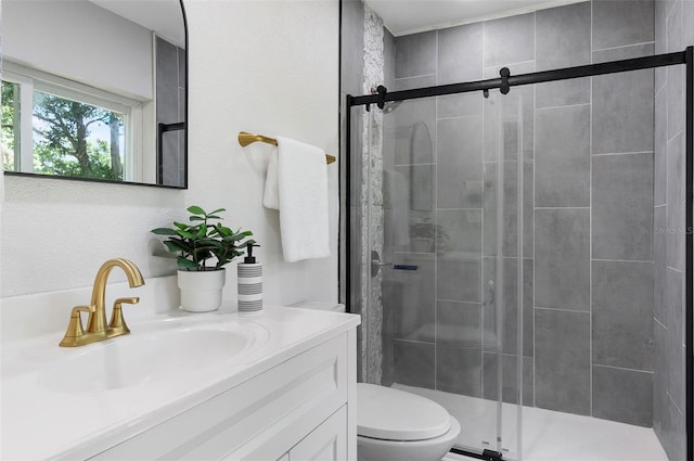 bathroom with vanity, toilet, and walk in shower