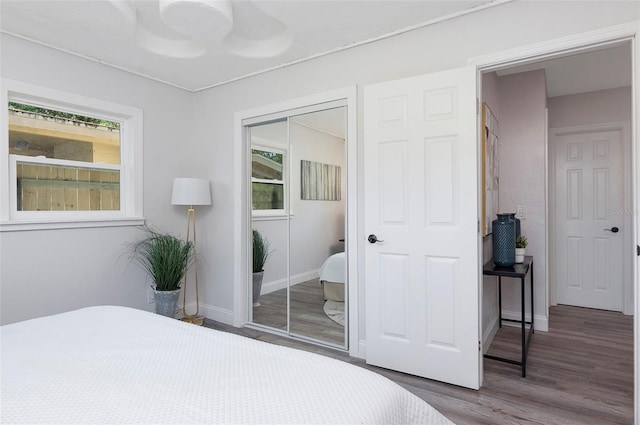 bedroom with a closet, hardwood / wood-style floors, and ceiling fan