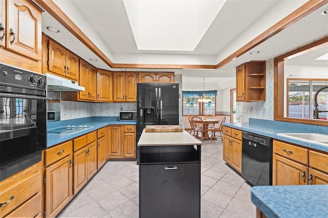 kitchen featuring sink, a skylight, plenty of natural light, and black appliances