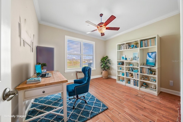 office space with hardwood / wood-style flooring, ceiling fan, and crown molding