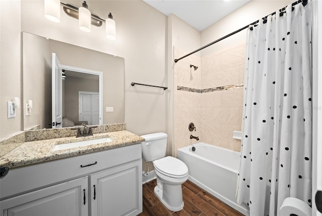 full bathroom with vanity, toilet, and shower / bathtub combination with curtain