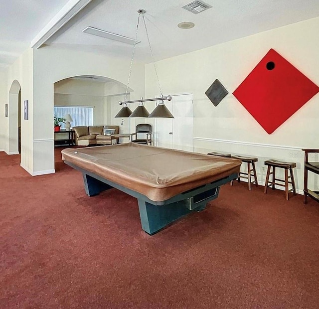 game room featuring billiards and dark colored carpet