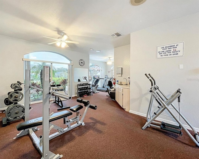 exercise room featuring ceiling fan and sink