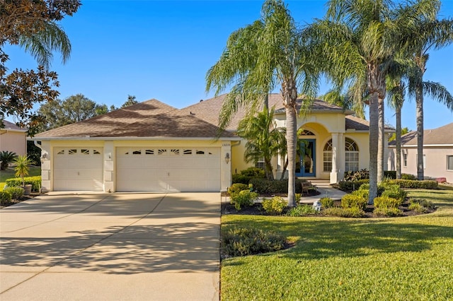 view of front of home with a garage and a front lawn