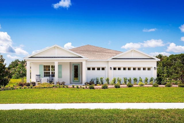 view of front of house with a front lawn, a porch, and a garage