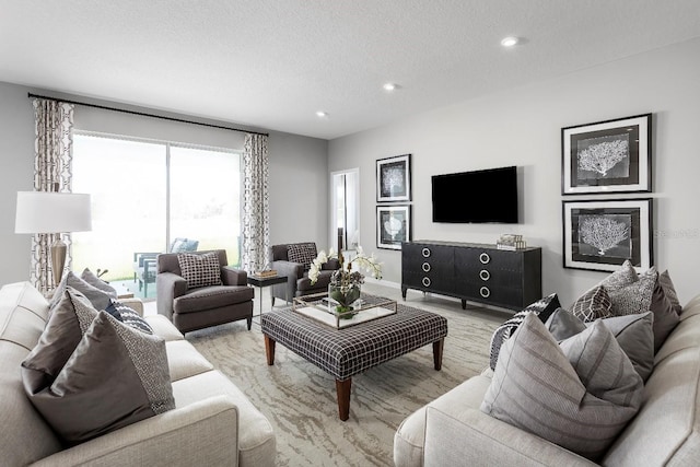 living room featuring a textured ceiling