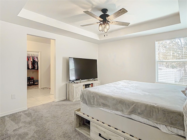 carpeted bedroom with ceiling fan, a raised ceiling, a walk in closet, and a closet