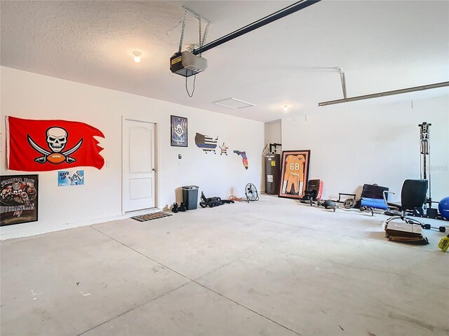 garage with a garage door opener and water heater