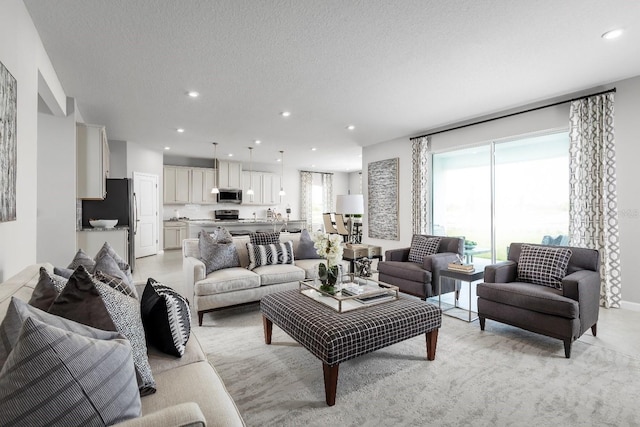 living room with a textured ceiling