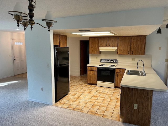 kitchen with range with electric cooktop, sink, a textured ceiling, light carpet, and black refrigerator