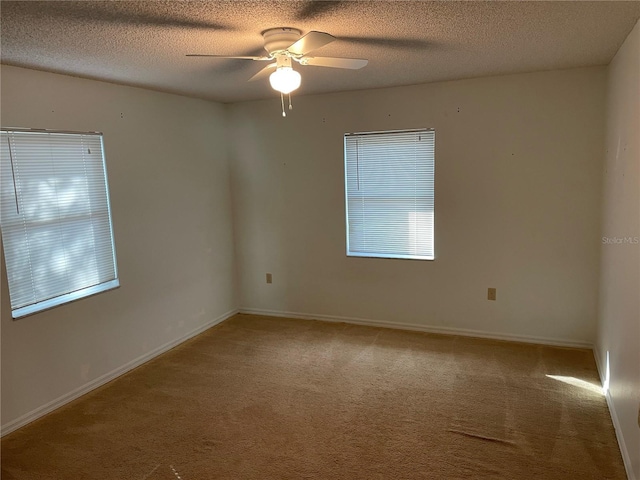 empty room with carpet flooring, ceiling fan, and a textured ceiling