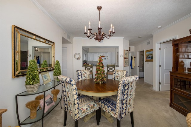 carpeted dining room featuring crown molding, a chandelier, and a textured ceiling