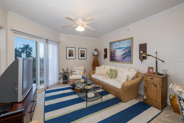 living room with light colored carpet, ceiling fan, and ornamental molding