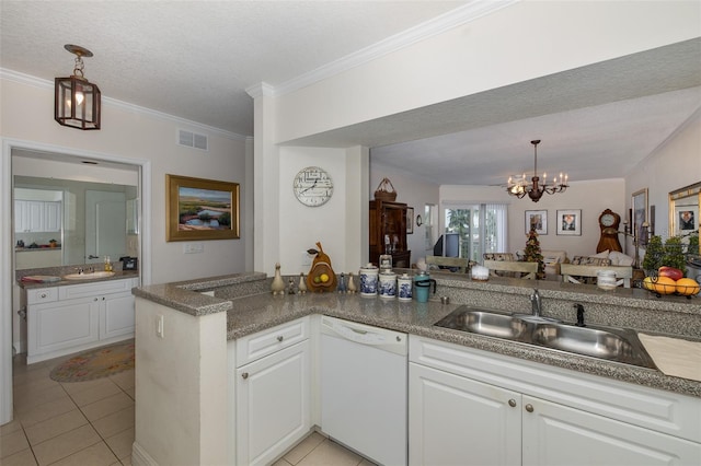 kitchen featuring kitchen peninsula, white cabinets, sink, a notable chandelier, and dishwasher