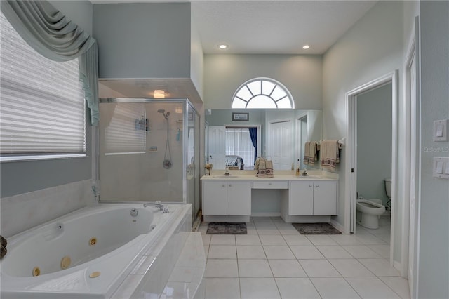 full bathroom with vanity, a bidet, independent shower and bath, tile patterned flooring, and toilet