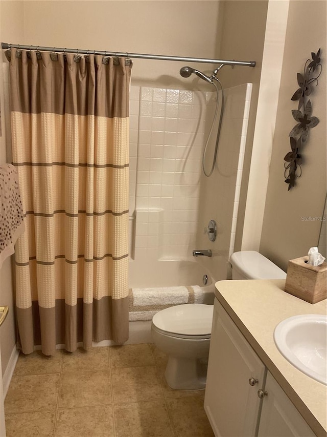 full bathroom with vanity, shower / bath combination with curtain, and toilet