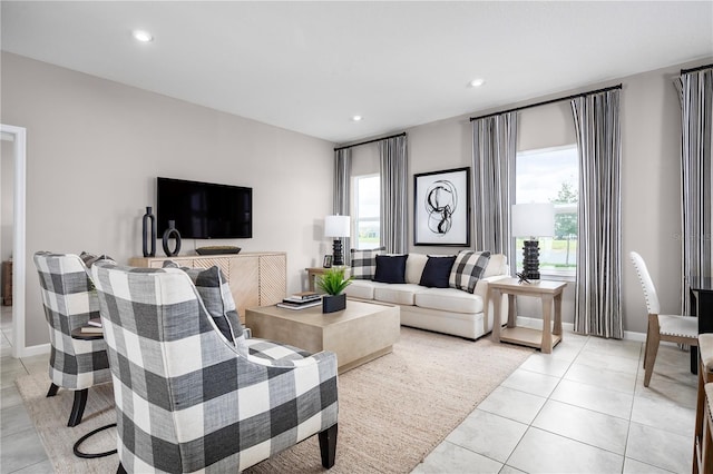 living room featuring light tile patterned floors