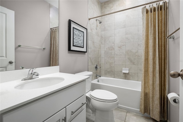 full bathroom with toilet, shower / bath combination with curtain, vanity, and tile patterned floors