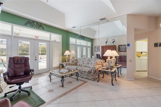 tiled living room with french doors