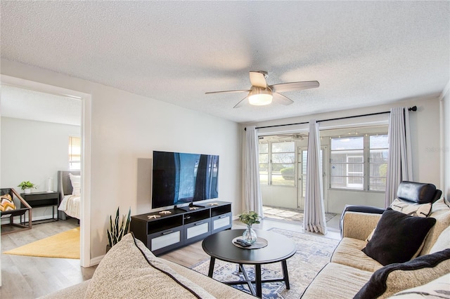 living room featuring ceiling fan, light hardwood / wood-style flooring, and a textured ceiling