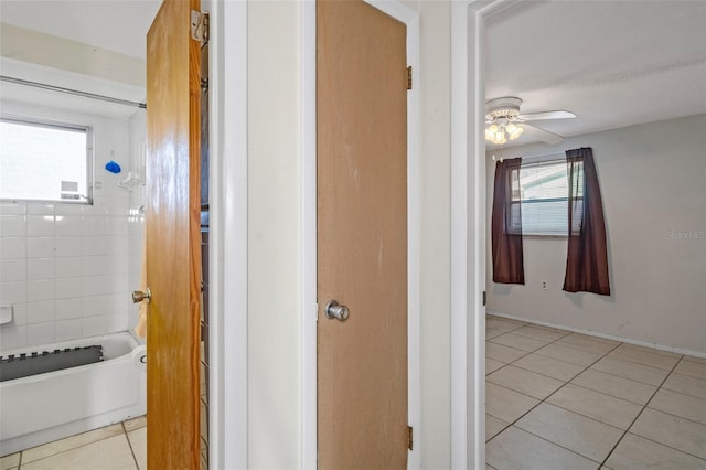 bathroom with tile patterned flooring and ceiling fan