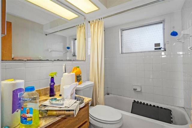 bathroom with tasteful backsplash, toilet, tile walls, and shower / bath combo with shower curtain