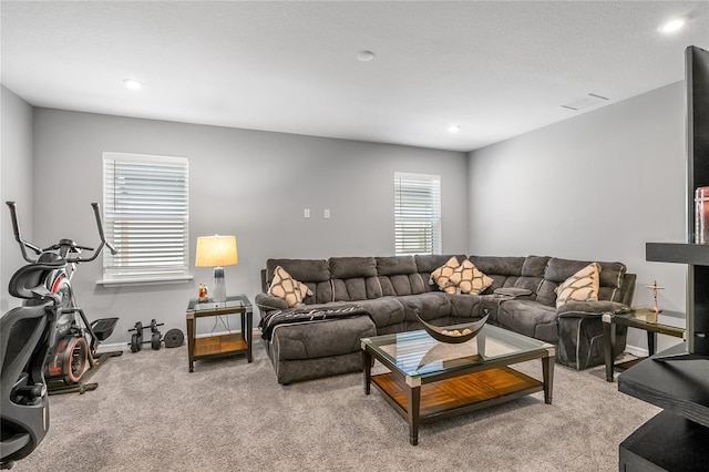 living room featuring light carpet