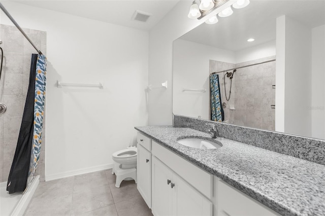 bathroom featuring tile patterned flooring, a shower with curtain, toilet, and vanity