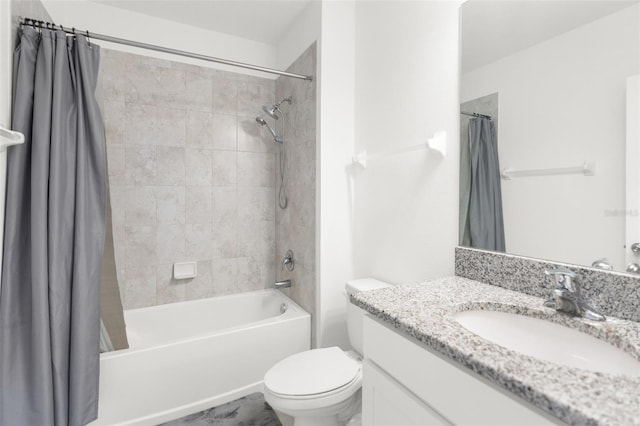 full bathroom featuring shower / tub combo with curtain, vanity, and toilet