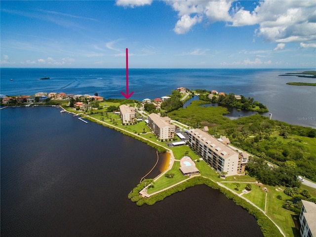 aerial view featuring a water view