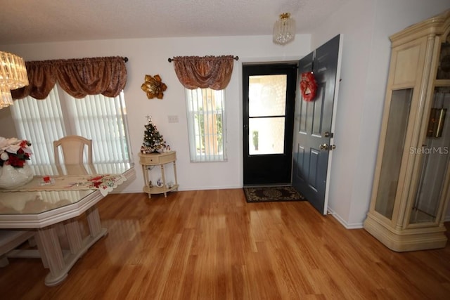 entrance foyer with light wood-type flooring, baseboards, and a textured ceiling