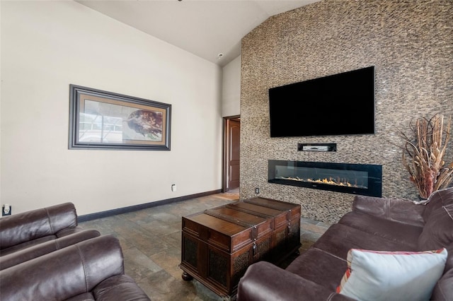 14101 Andrew Scott Rd, Spring Hill, FL 34609 - living area with lofted ceiling, a large fireplace, and stone finish floors