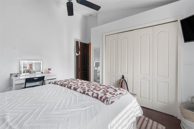 14101 Andrew Scott Rd, Spring Hill, FL 34609 - bedroom featuring a closet, lofted ceiling, and ceiling fan