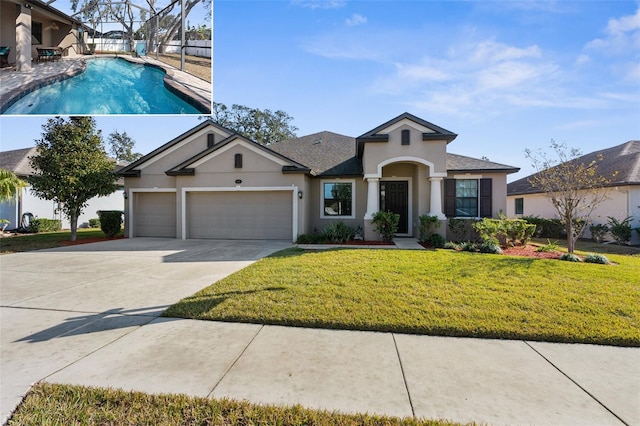 view of front of property featuring stucco siding, concrete driveway, a garage, an outdoor pool, and a front lawn