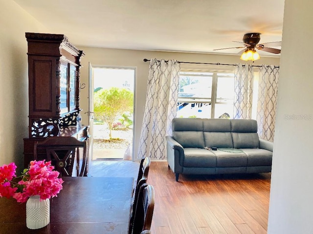 dining space featuring ceiling fan and light hardwood / wood-style flooring