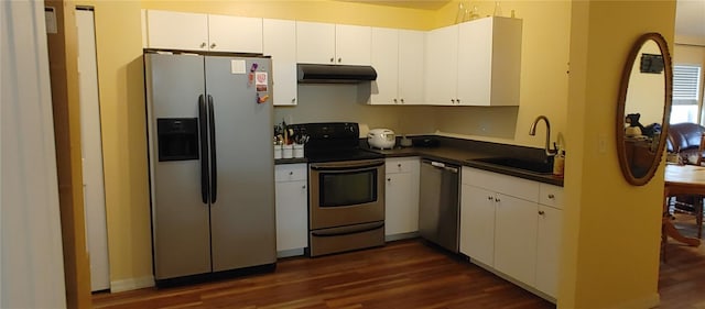 kitchen with white cabinets, dark hardwood / wood-style floors, sink, and stainless steel appliances