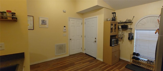 interior space featuring lofted ceiling and dark wood-type flooring